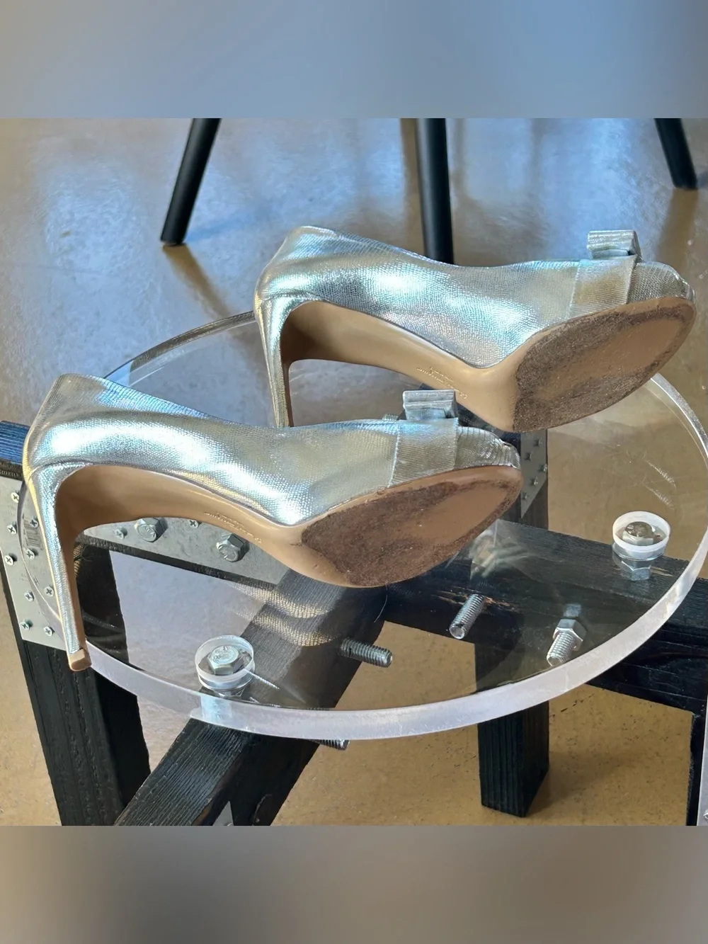 Salvatore Ferragamo Y2K Metallic Silver Peep Toe Stiletto Pumps, sz 8